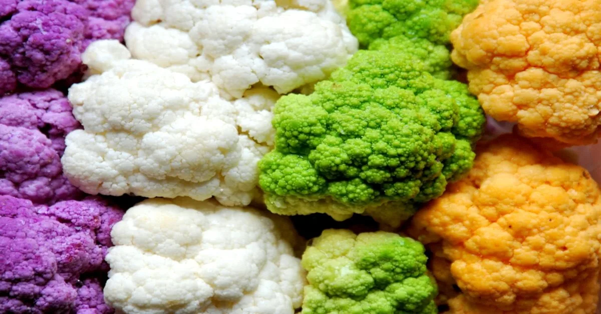 Types of cauliflower including purple, white, green and orange.