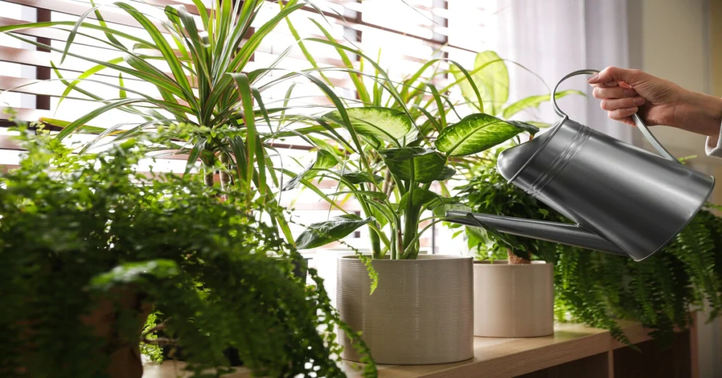 Woman watering her houseplants sitting on the window sill.