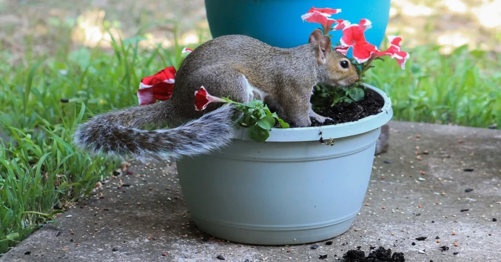 Squirrel digging in a blue flower pot on the concrete patio.