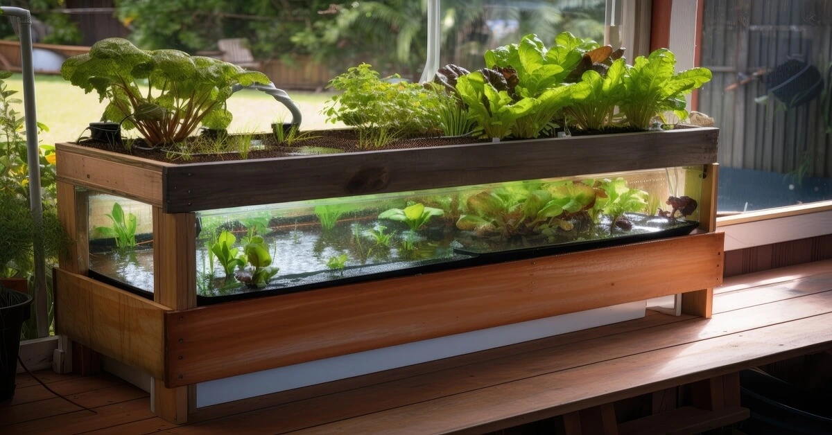 Aquaponic setup with a fish tank and plants growing in it.