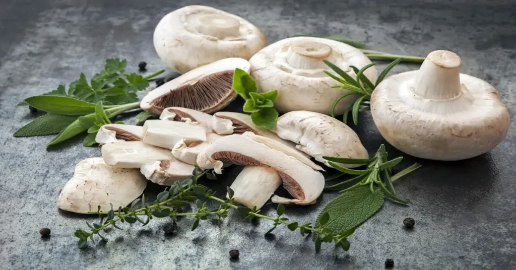 Mushrooms and herbs on a countertop.