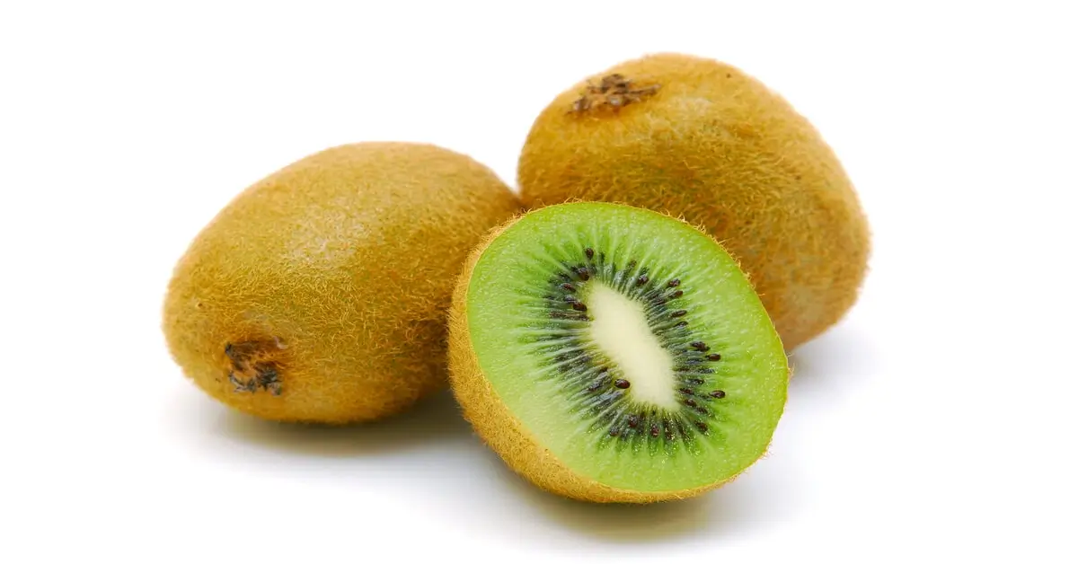 Three Harvested kiwi fruit on white background. One cut in half to show the inside of fruit.