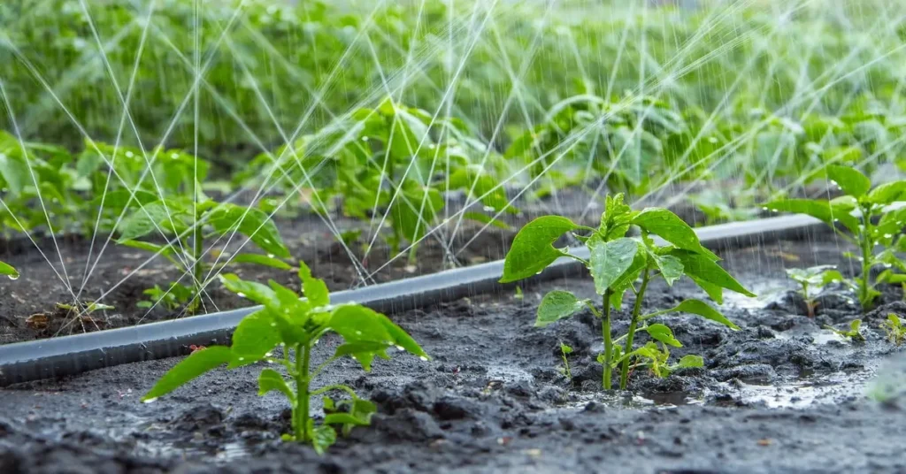 Plant watering method using water lines laid along bed rows with tiny holes spraying water on plants.