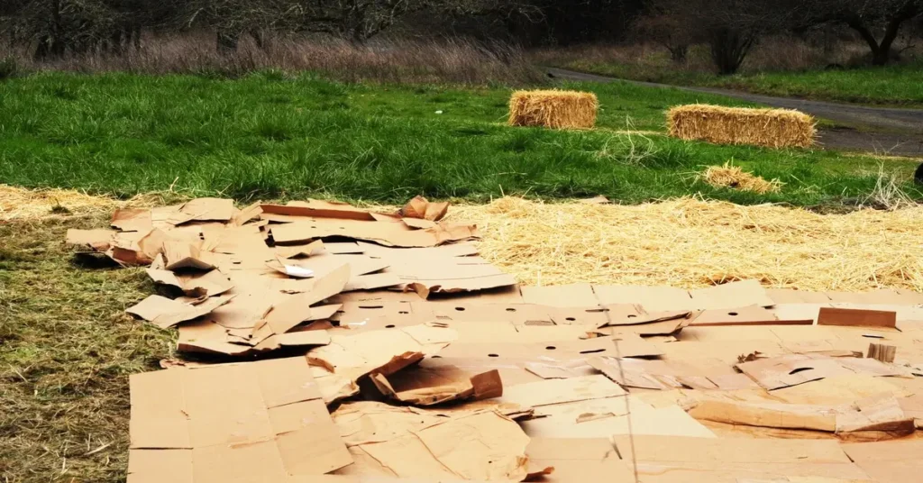 Sheet mulching lawn with cardboard and straw for garden area.