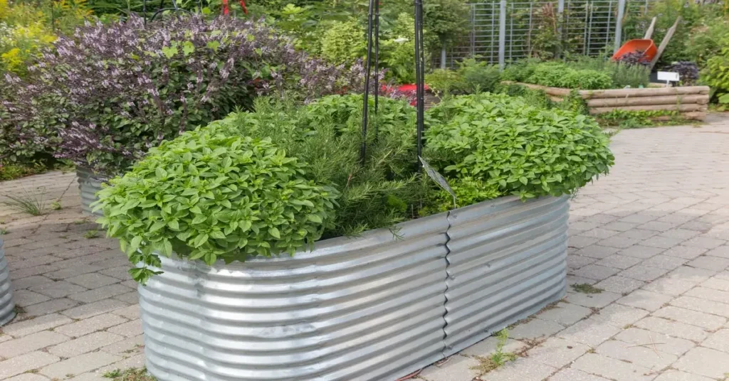 Corrugated metal raised garden bed in yard with plants growing in it.