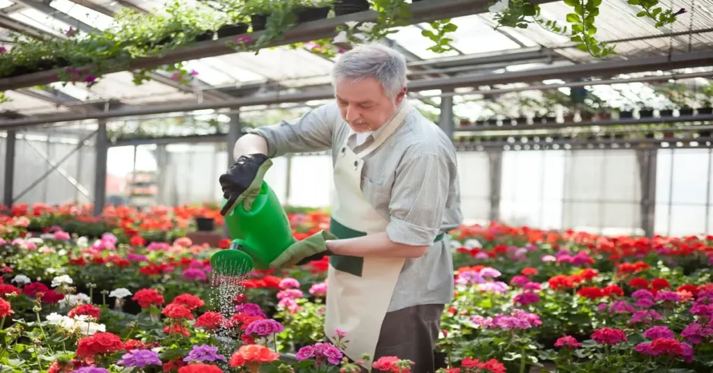 Man watering flowers in a greenhouse that's in the floriculture business.