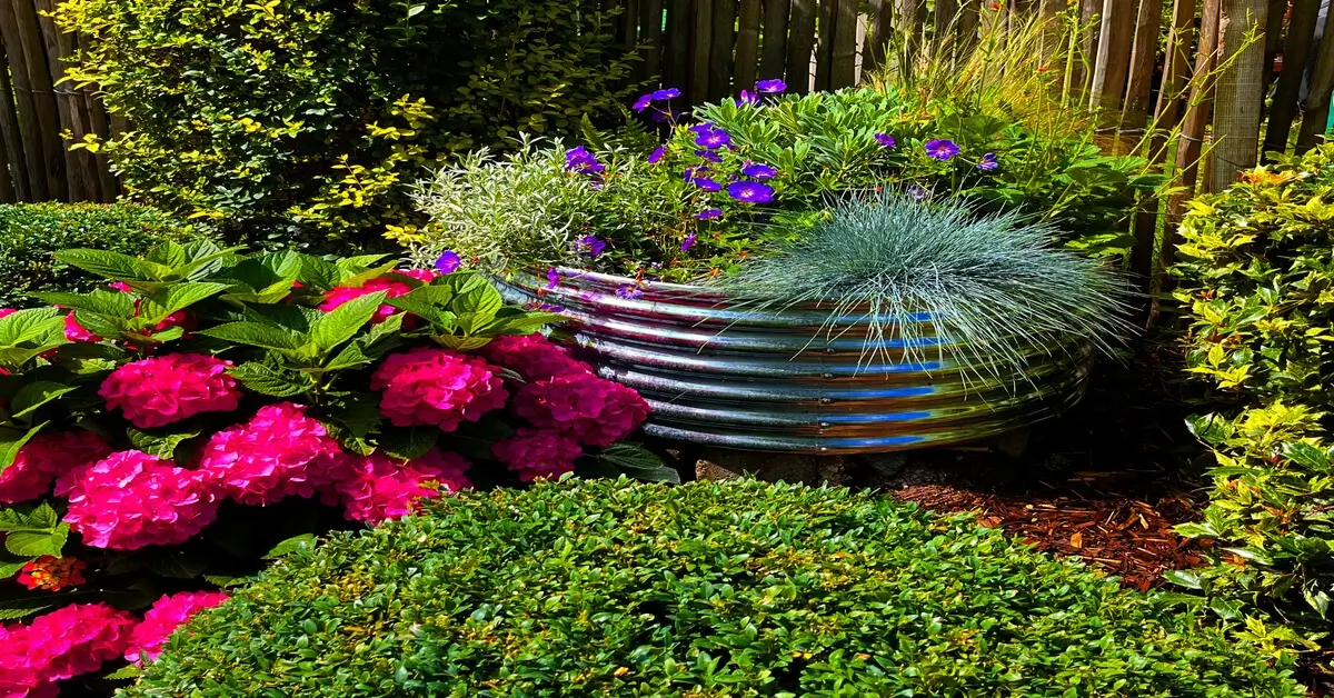 Round galvanized raised bed in flower bed full of flowering plants.