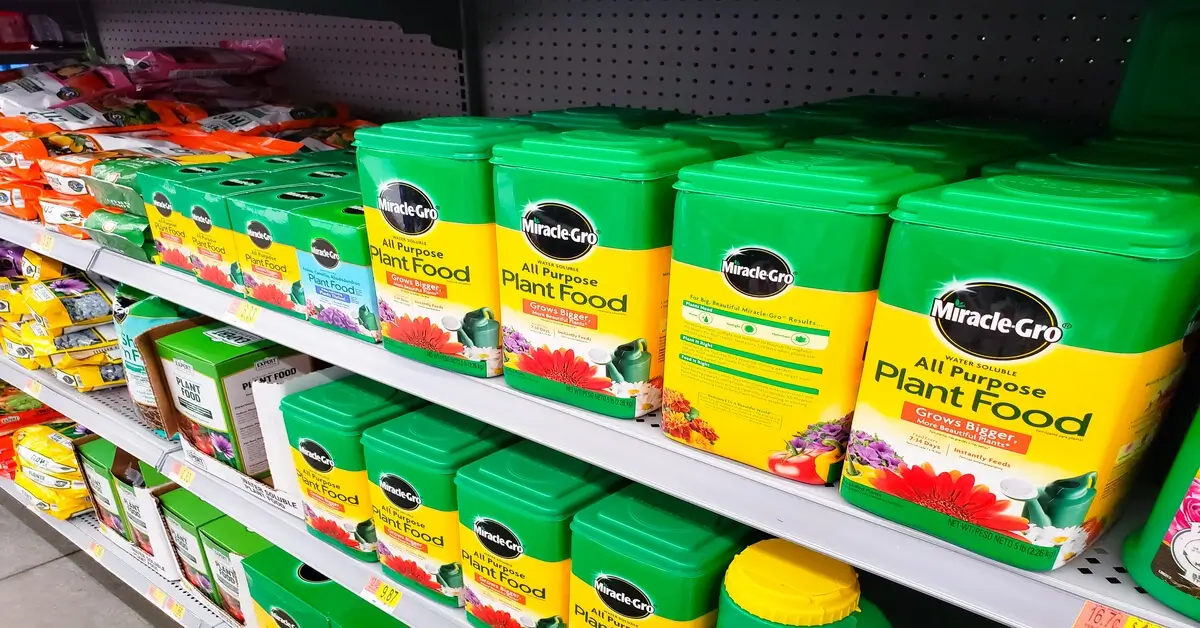 Miracle grow plant food on store shelves.