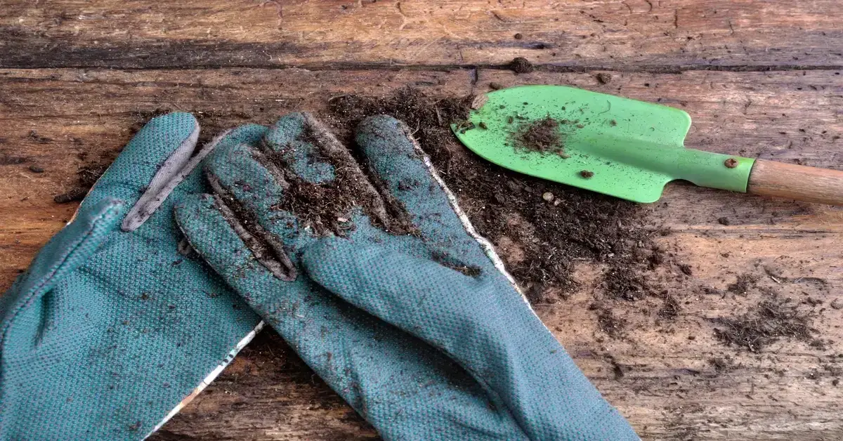 Gardening gloves and hand trial on wood background.